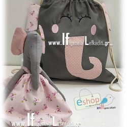 Χειροποίητη υφασμάτινη κούκλα Ελεφαντίνα σε απόχρωση ροζ -γκρι