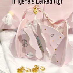 Μαρτυρικά Βάπτισης παραμάνα “Πεταλούδα Floral” με λευκό φουντάκι