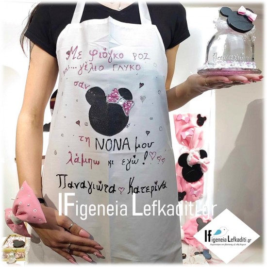 Χειροποίητη Ποδιά Βάπτισης Νονάς «Minnie Mouse – Φιογκάκια» pink black Χειροποίητη Ποδιά Βάπτισης Νονάς «Minnie Mouse – Φιογκάκια» pink black
