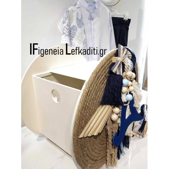Boho Σετ Βάπτισης για αγόρι “Μονόγραμμα blue” με ξύλινο κουτί λινάτσα