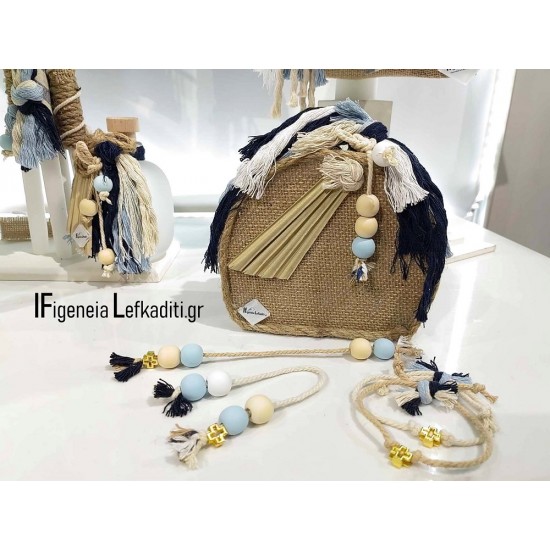 Boho Μαρτυρικά Βάπτισης μπεγλέρια και βραχιόλια “Μονόγραμμα blue»