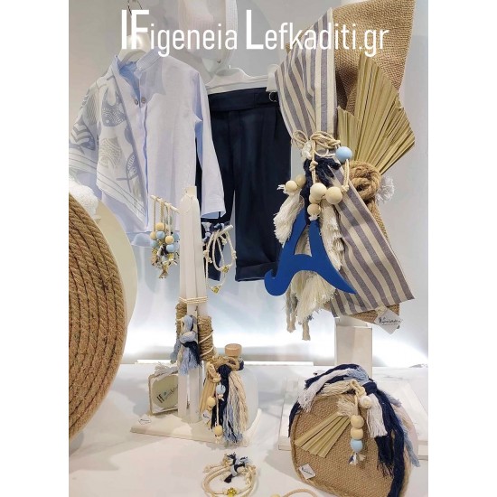 Boho Σετ Βάπτισης για αγόρι “Μονόγραμμα blue” με ξύλινο κουτί λινάτσα